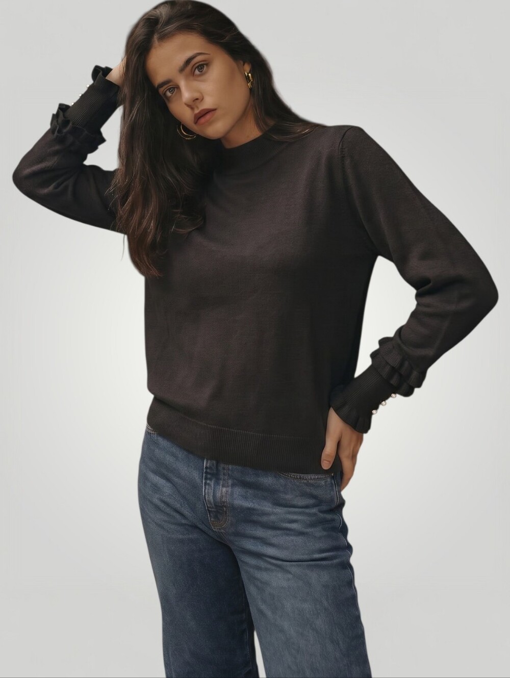 Black Mock Neck Sweater Medium Ruffle‎ Cuff Pearl Buttons Victorian Edwardian